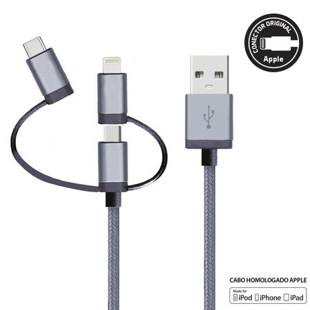 Cabo 3 em 1 Lightning x Micro USB x USB-C de Nylon Trançado Cinza Geonav 1,5m